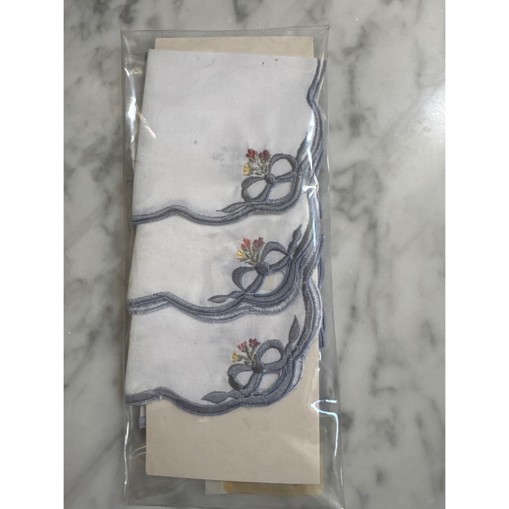 Vintage Limoge WC Designs Cocktail Napkins Set 6 Blue White Embroidered Bows
